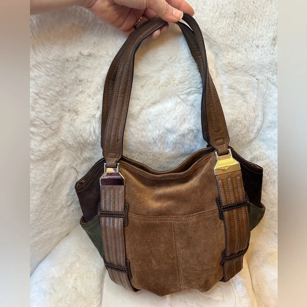 Tignanello brown suede leather colorblock shoulder bag purse w magnetic snap. H